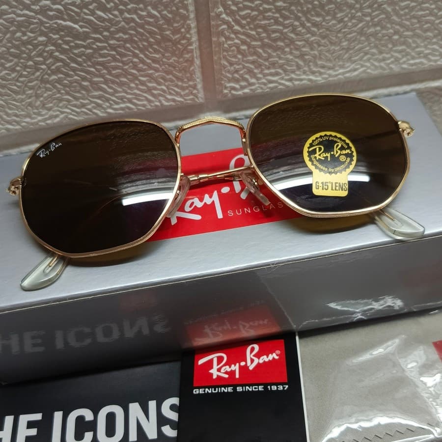 Kacamata Original Rayban RB3548 Hexagonal Gold Brown